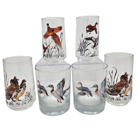 Vtg West Virginia Glass Norman R Warner Signed Glasses Pheasant Mallard Grouse - Picture 1 of 16